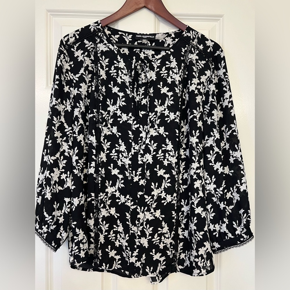 Karl Lagerfeld Black and White Long Sleeve Blouse Size XL